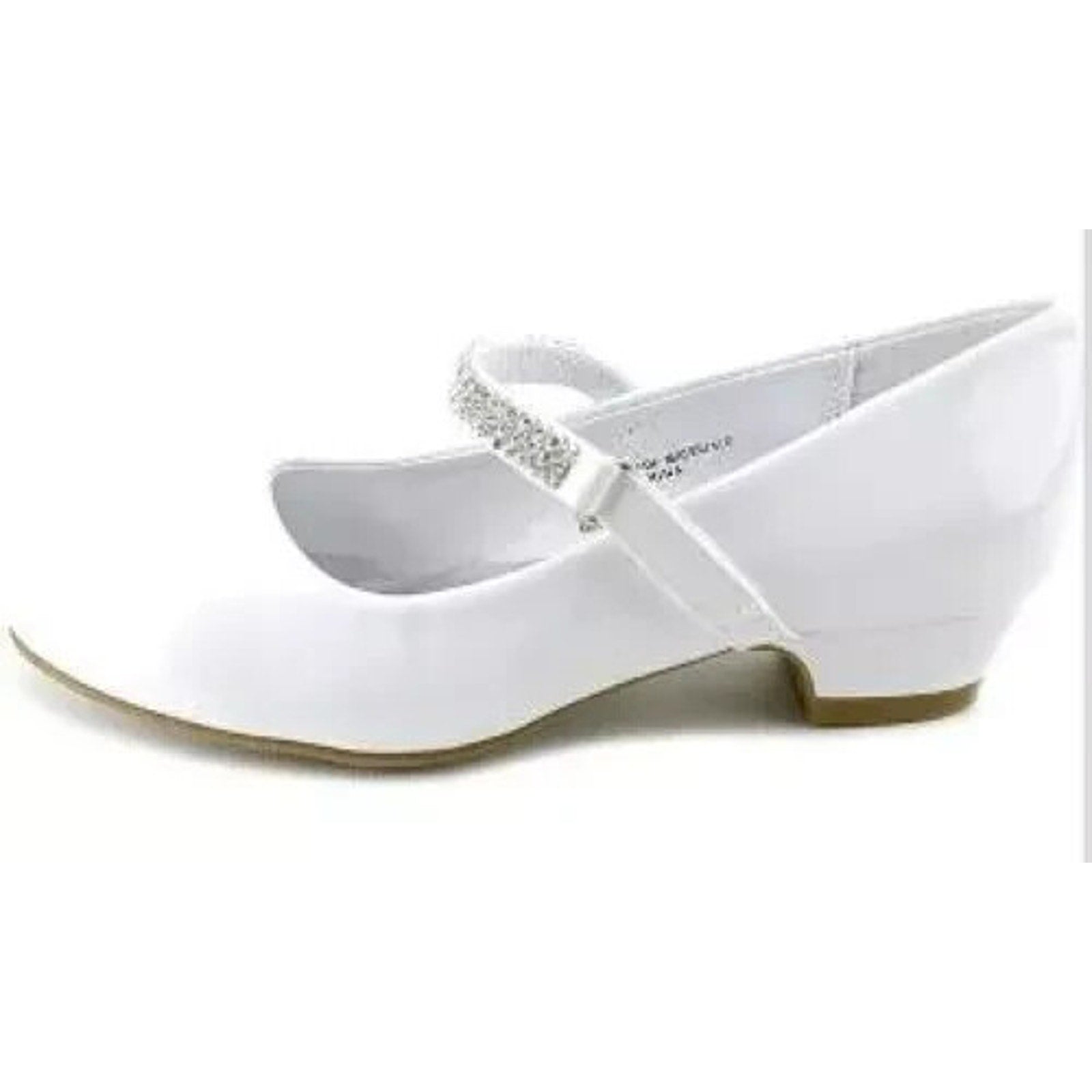 NEW Girl's Communion Dress Shoe - White/Patent 1" Heel Rhinestone Strap - Size 5