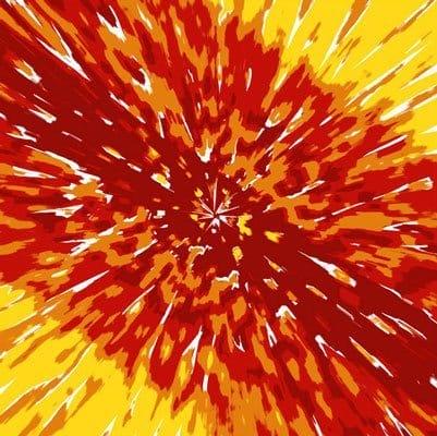 A swirling pattern of red and yellow radiating outward from a central point creates a burst-like effect resembling an explosion or sunburst against a bright background.