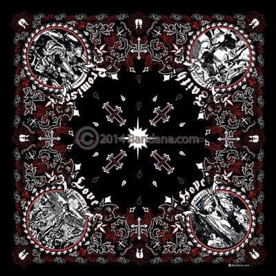 A patterned bandana features four circular illustrations representing strength love hope and life. The black background is accented with red and white designs creating a symmetrical layout with crosses and ornamental elements.