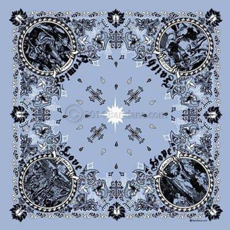 A square patterned bandana features four circular images depicting different symbolic figures surrounded by intricate floral designs and crosses on a light blue background with the words Faith Love Hope.