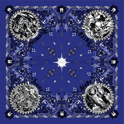 A blue bandana features intricate black designs and four circular emblems depicting figures surrounded by patterns of flowers and stars creating a symmetrical and artistic visual arrangement.