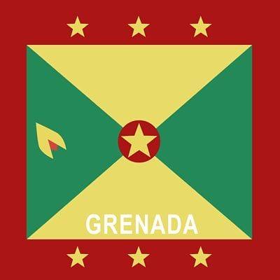 A rectangular flag features a green and yellow diagonal design with a red border. A yellow star is centered surrounded by six smaller stars. The word GRENADA is written in white at the bottom.