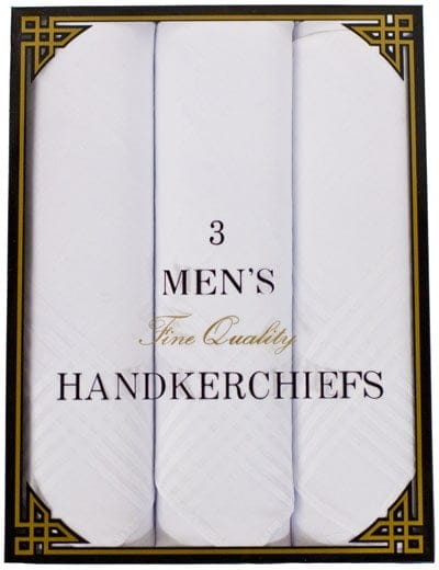 Mens Handkerchief Gift Box - White with Satin Stripes - 16x16 - 3 Pack - Imported