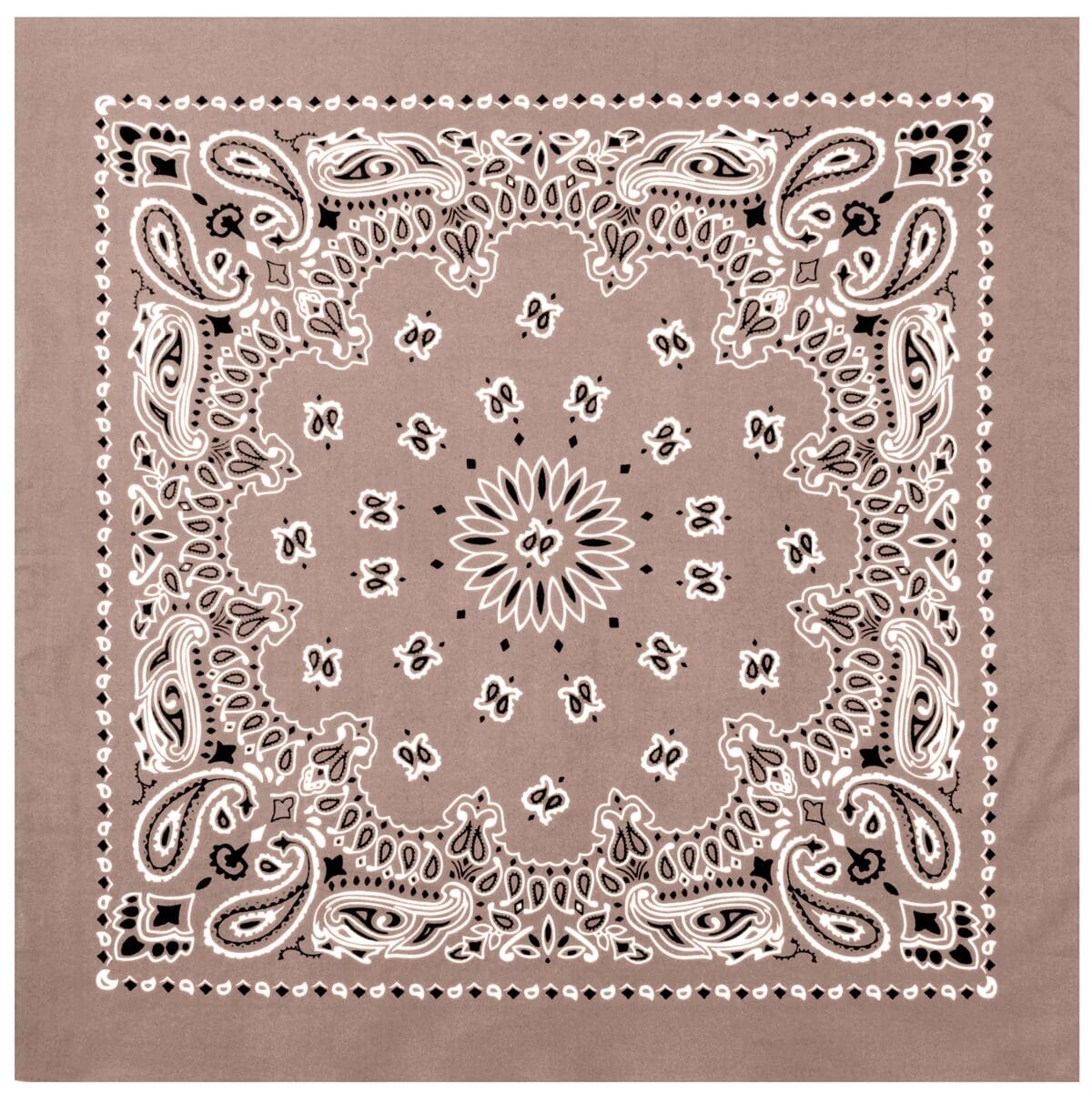 A decorative square bandana features intricate paisley patterns in white and black on a beige background creating a symmetrical floral design at the center surrounded by ornate motifs.