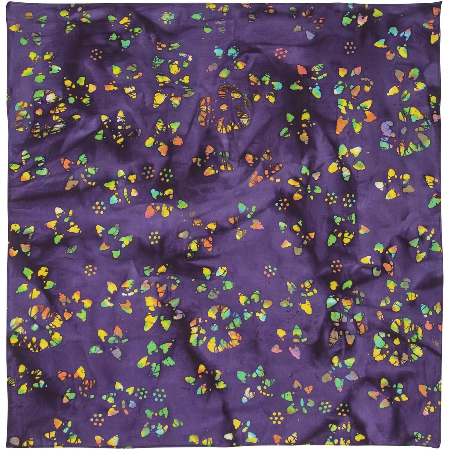 A vibrant purple fabric displays a pattern of multicolored butterflies and dots creating a lively and decorative texture. The fabric appears slightly wrinkled enhancing its visual interest.