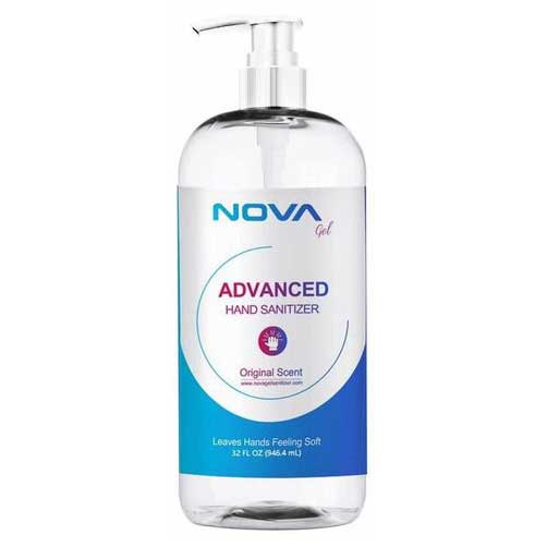 A clear bottle labeled NOVA contains advanced hand sanitizer with a pump top position. It holds 32 fluid ounces and is designed to leave hands feeling soft with an original scent.