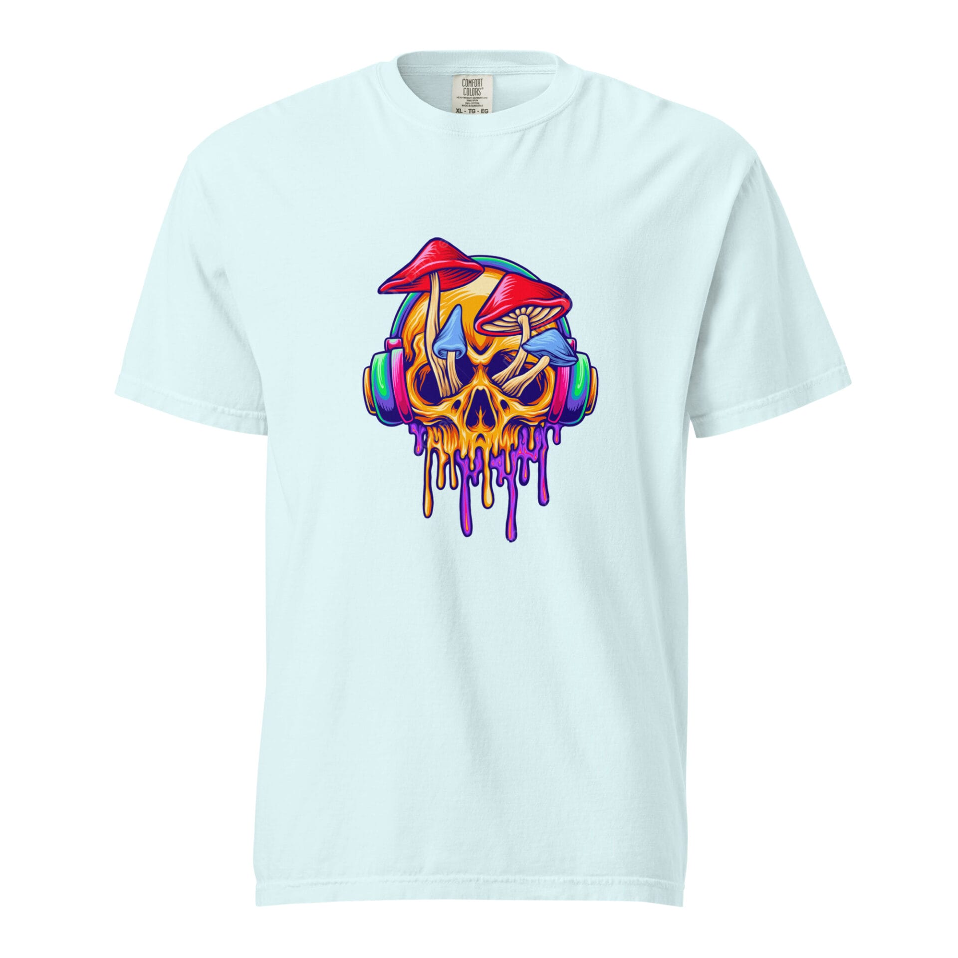 A light blue t-shirt displays a vibrant graphic of a skull with colorful mushrooms on top wearing headphones and dripping paint creating a lively and artistic design.