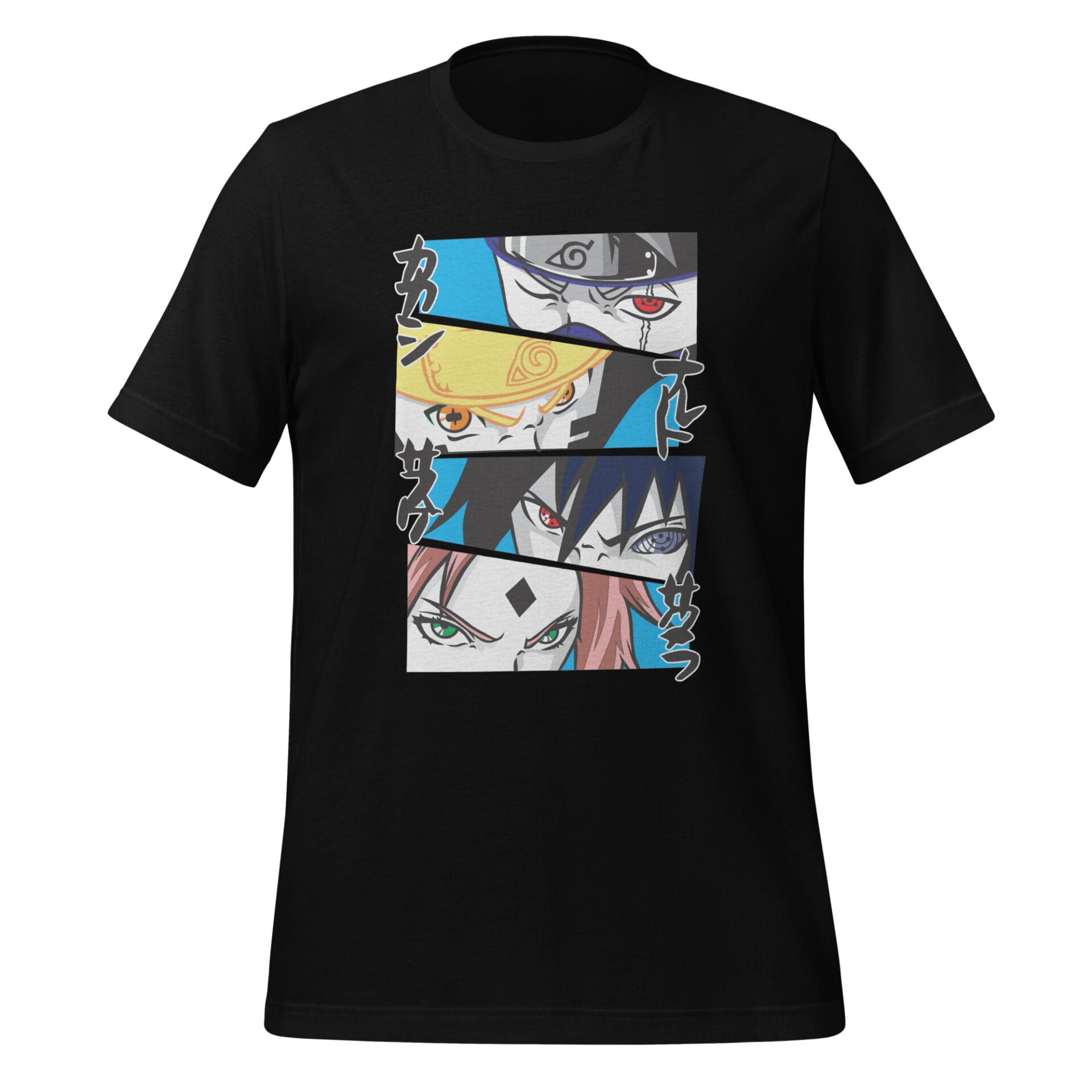 A black t-shirt displays a graphic with four faces of characters from an anime series featuring intense expressions and distinct hair colors set against a blue background.