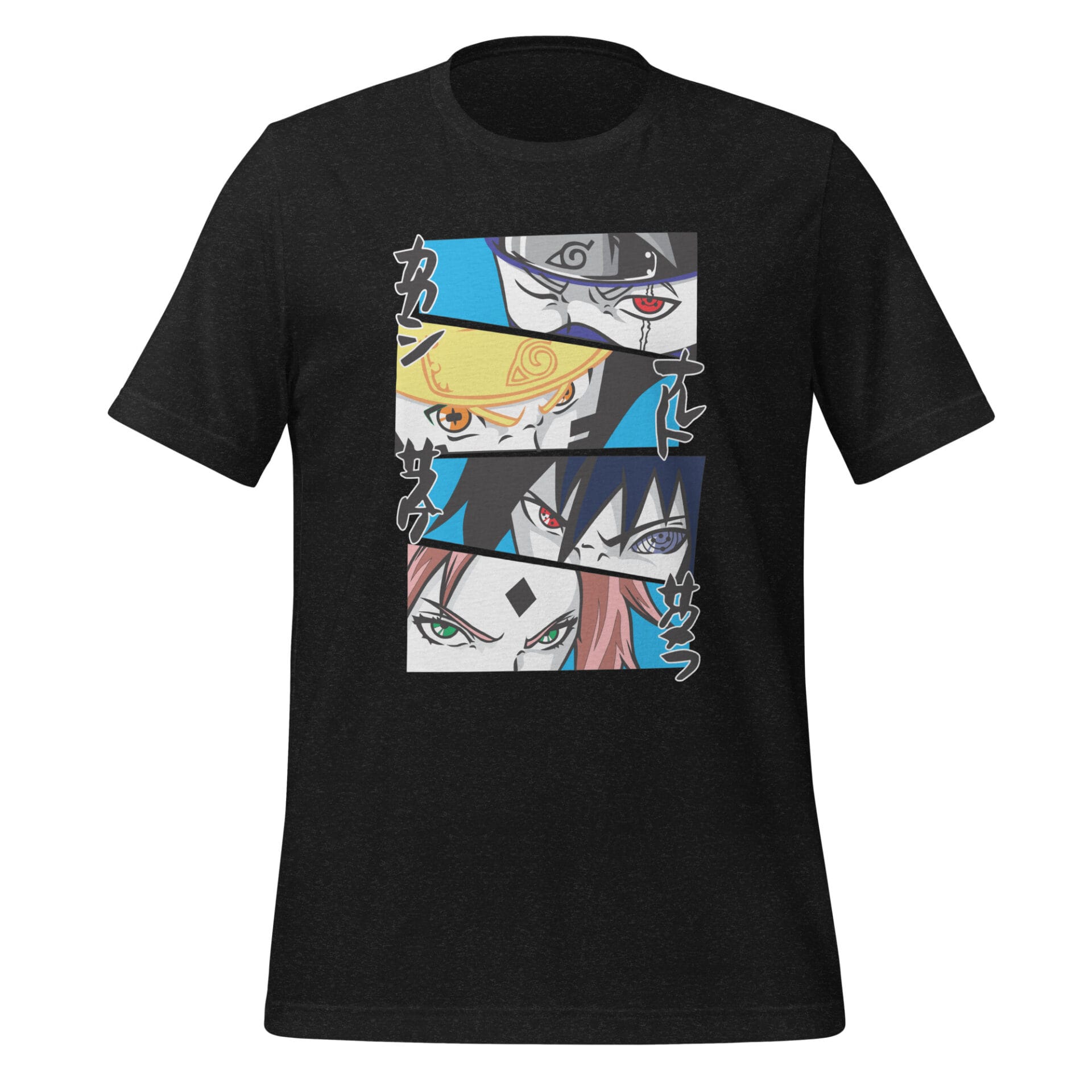 A black t-shirt features a design of four intense characters' eyes in a stacked arrangement with vibrant backgrounds showcasing their distinct features and expressions embodying a dynamic anime style. Text in Japanese appears alongside.
