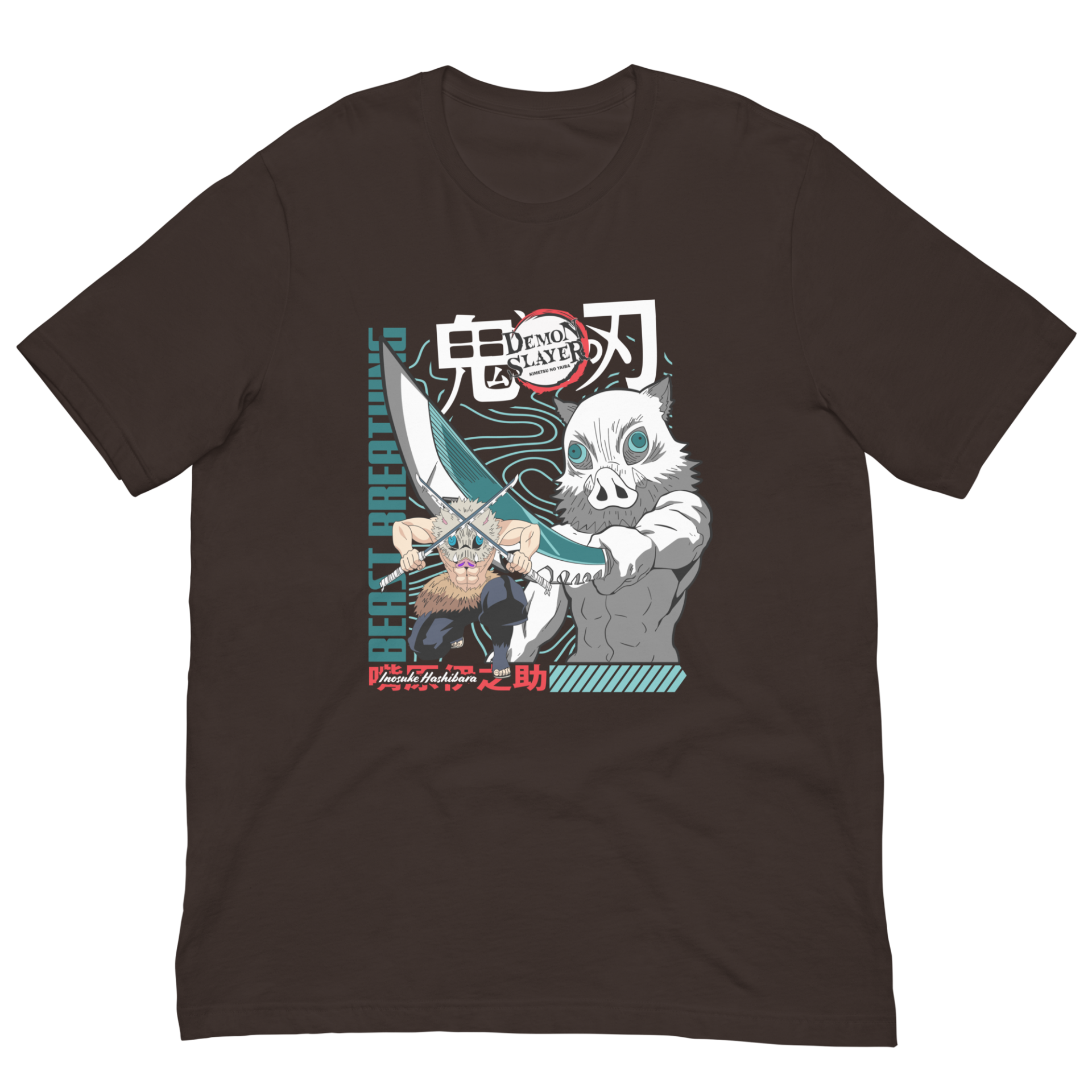 A black t-shirt features two characters from an anime. One character holds a sword while the other has a pig mask. The text reads "DEMON SLAYER" and "BEAST BREATHING."