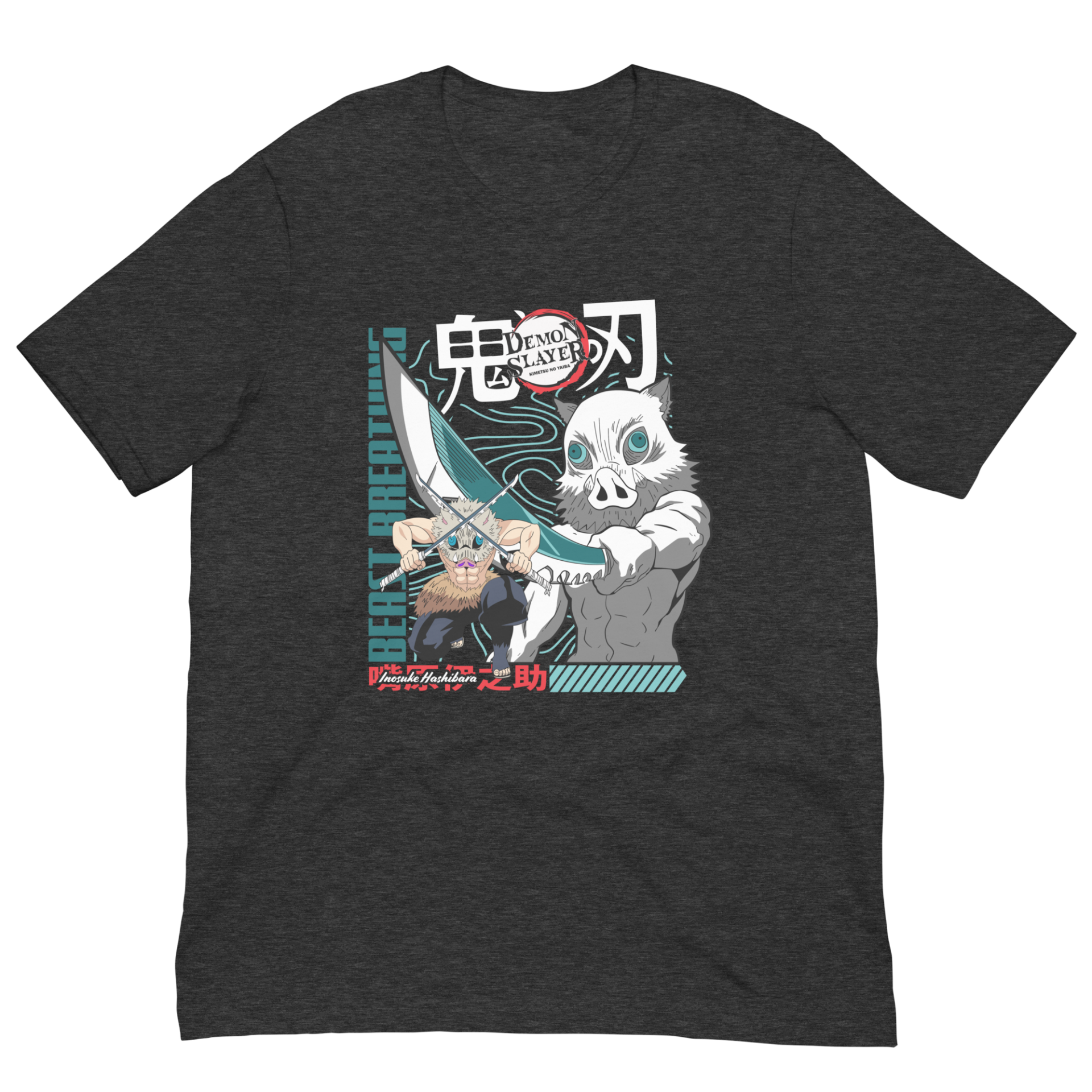 A dark gray t-shirt features two animated characters from Demon Slayer holding swords. One character is muscular with a boar mask while the other appears more humanoid with distinct features.