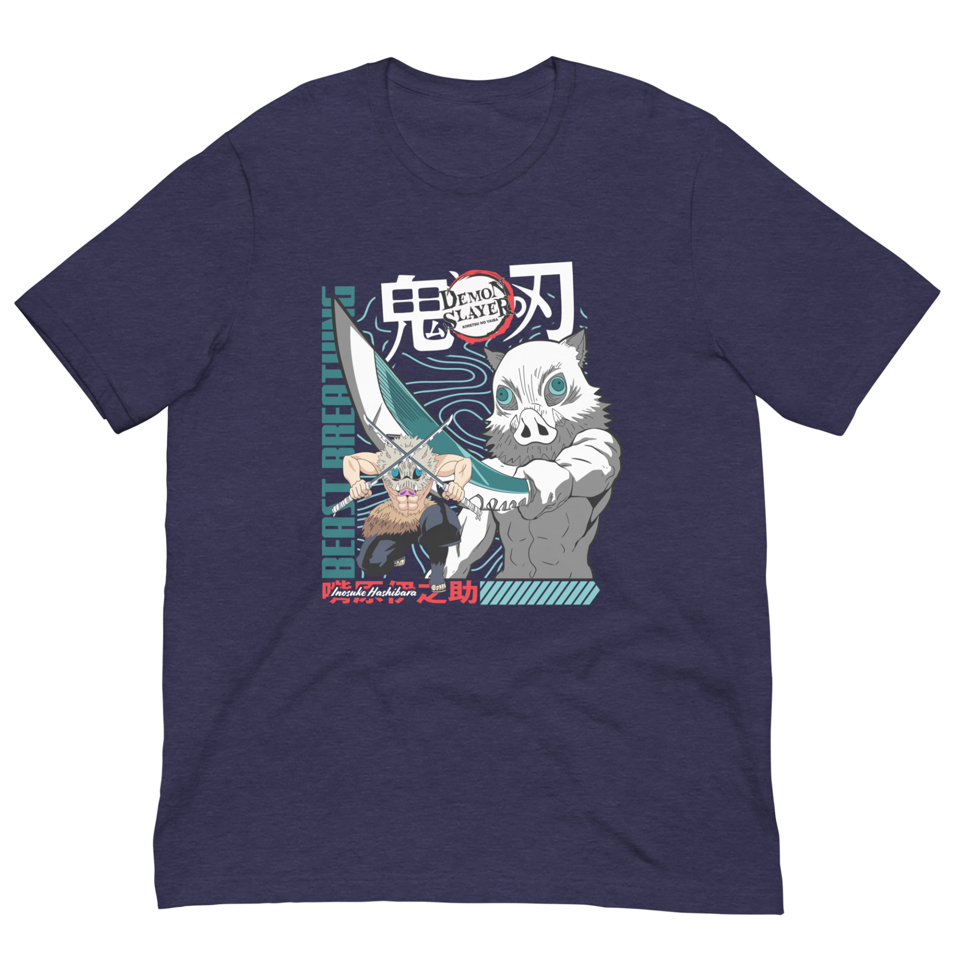 A dark blue t-shirt features two stylized characters wielding swords in an action pose. The context includes graphic elements and text related to the anime Demon Slayer emphasizing a beast breathing technique.