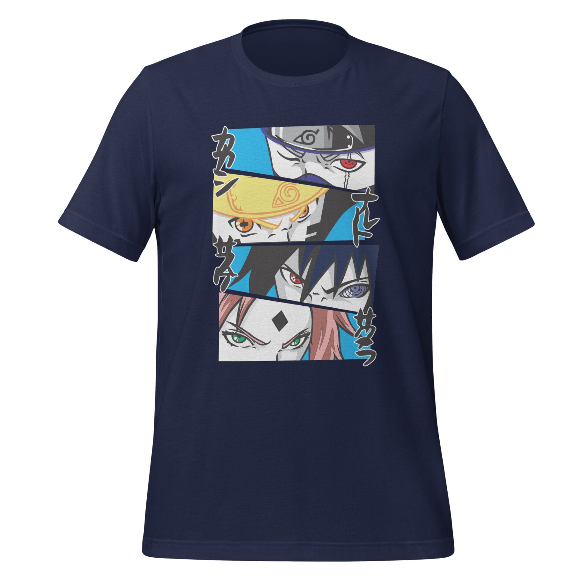 Navy t-shirt displays stylized heads of four characters with intense expressions and distinct features each in their own panel against a light blue background with Japanese text.