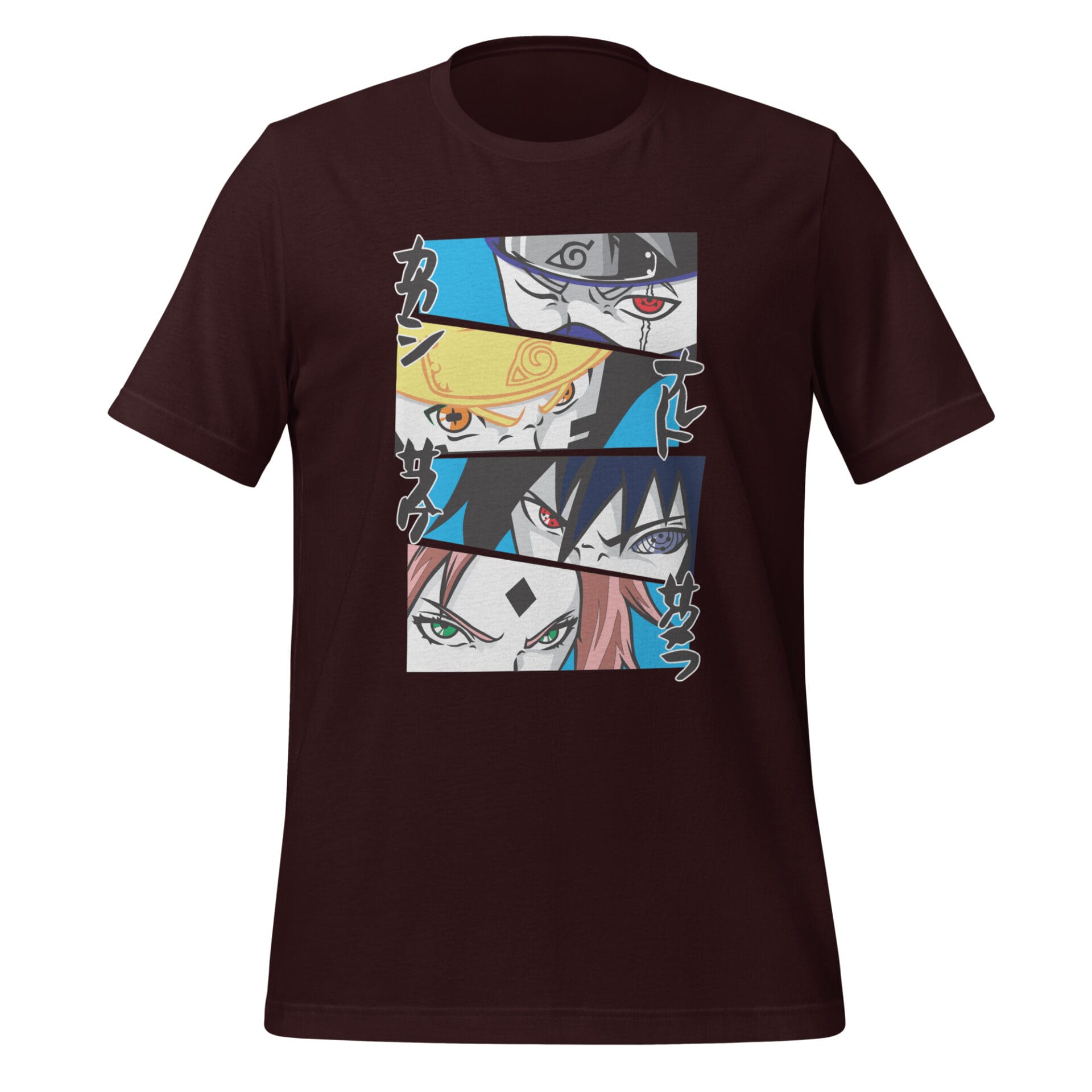 A black T-shirt features a graphic of four characters' faces in a stacked arrangement their expressions convey intensity with colorful eyes and distinct hairstyles against a light background.
