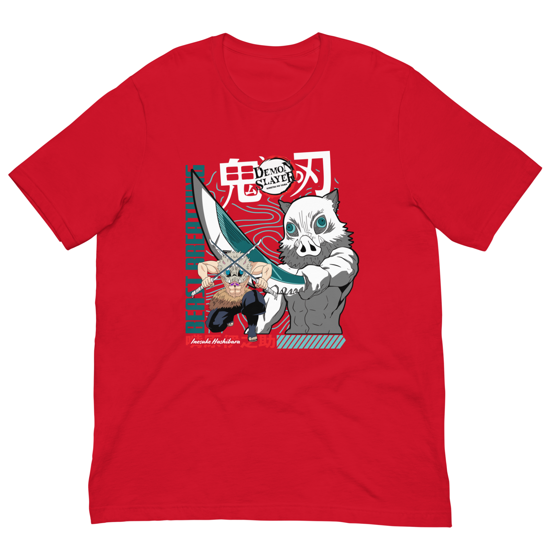 A red t-shirt features colorful cartoon characters from an anime holding weapons with dynamic poses surrounded by stylized text and designs creating a vibrant and action-oriented visual theme. Text includes "鬼滅" "DEMON SLAYER" "BEAST BREATH" and "Insufficient Hashira".