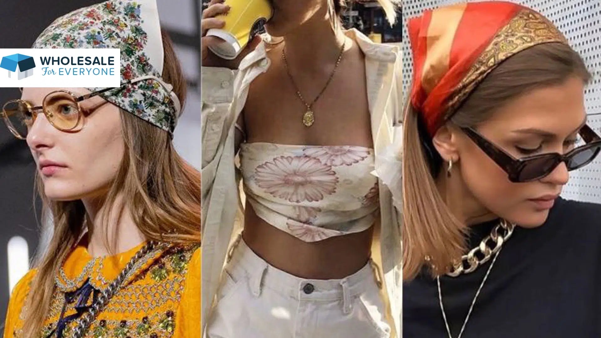 The photo shows an image of three ladies wearing bandanas in different ways. One is wearing it as a head cover, the other is wearing it as a headband, and the other as a top.