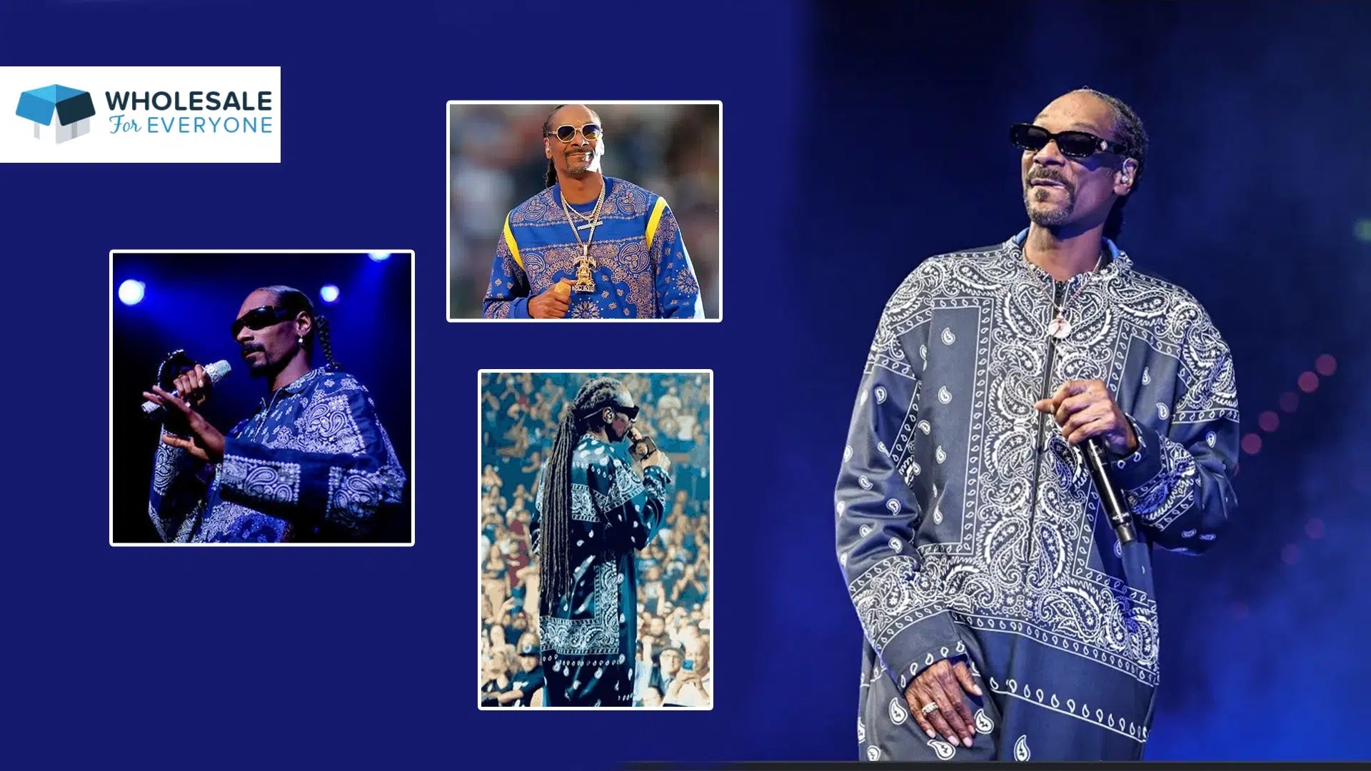 The photo show Snoop Dogg wearing his iconic blue paisley bandana designed tracksuit in concerts.