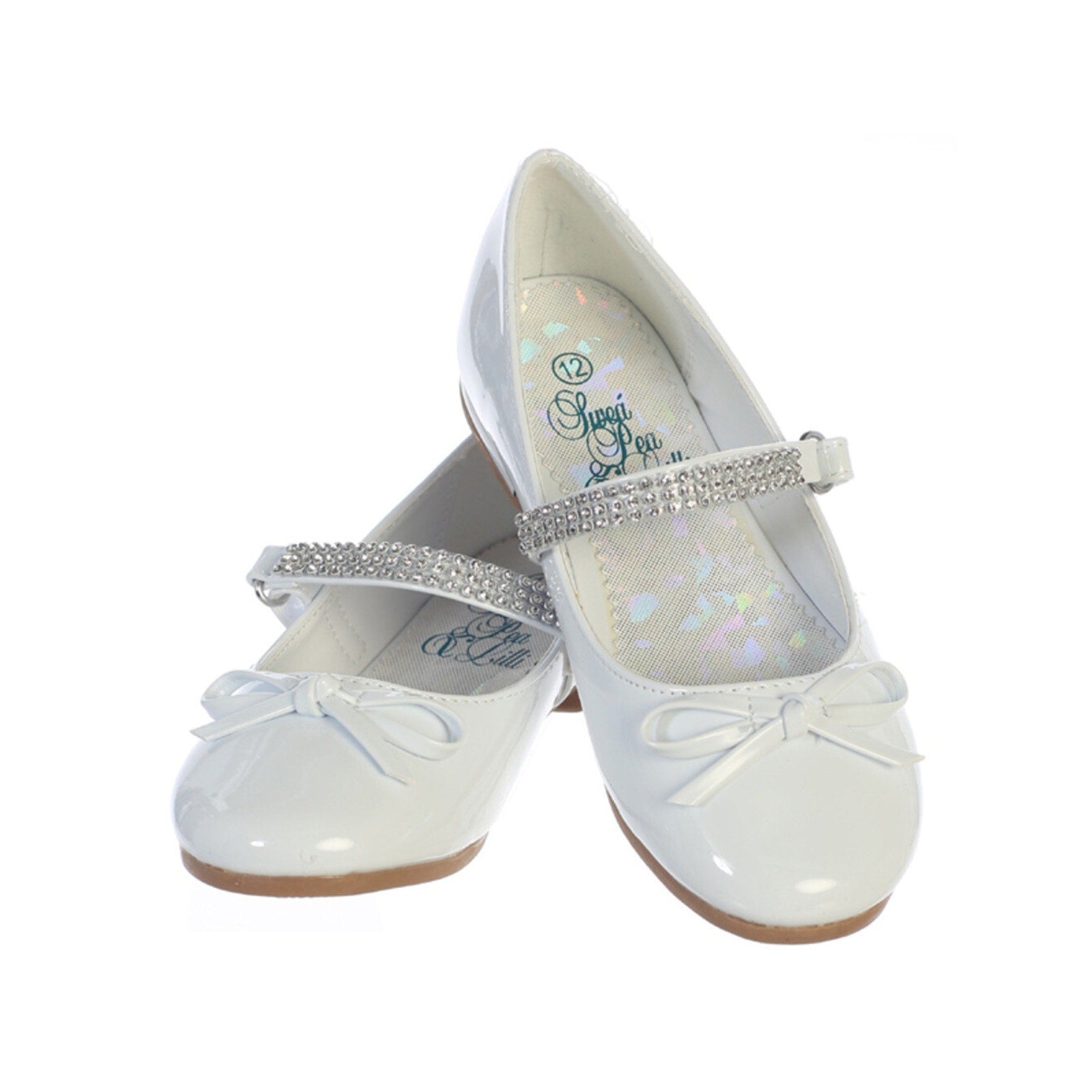 NEW Girl's Communion Dress Shoe - White/Patent Leather Flat Shoe with Rhinestone Strap - Size 11T
