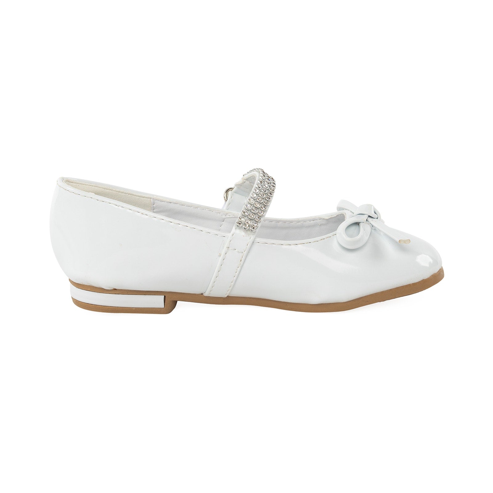 NEW Girl's Communion Dress Shoe - White/Patent Leather Flat Shoe with Rhinestone Strap - Size 11T