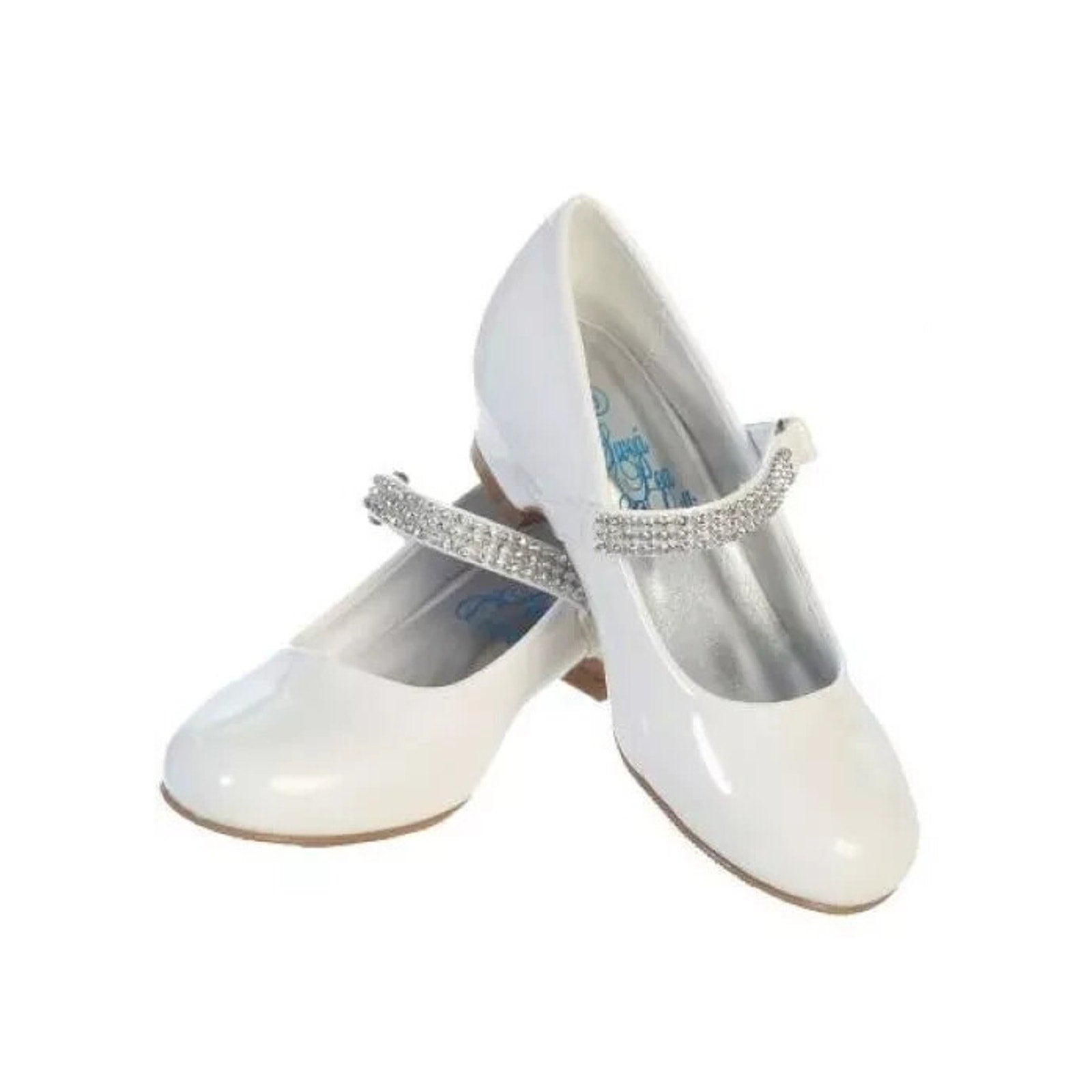 NEW Girl's Communion Dress Shoe - White/Patent 1" Heel Rhinestone Strap - Size 5