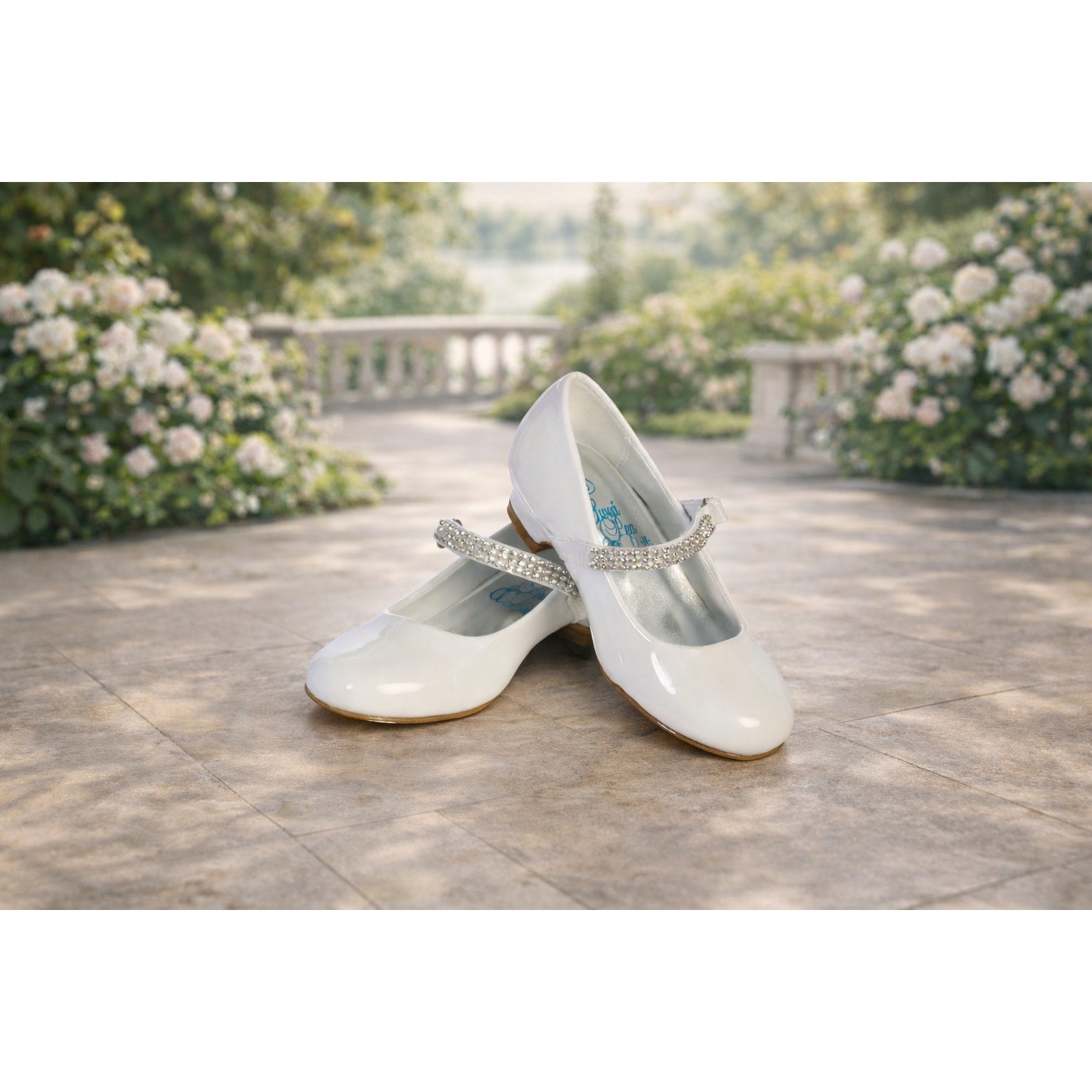 NEW Girl's Communion Dress Shoe - White/Patent 1" Heel Rhinestone Strap - Size 5