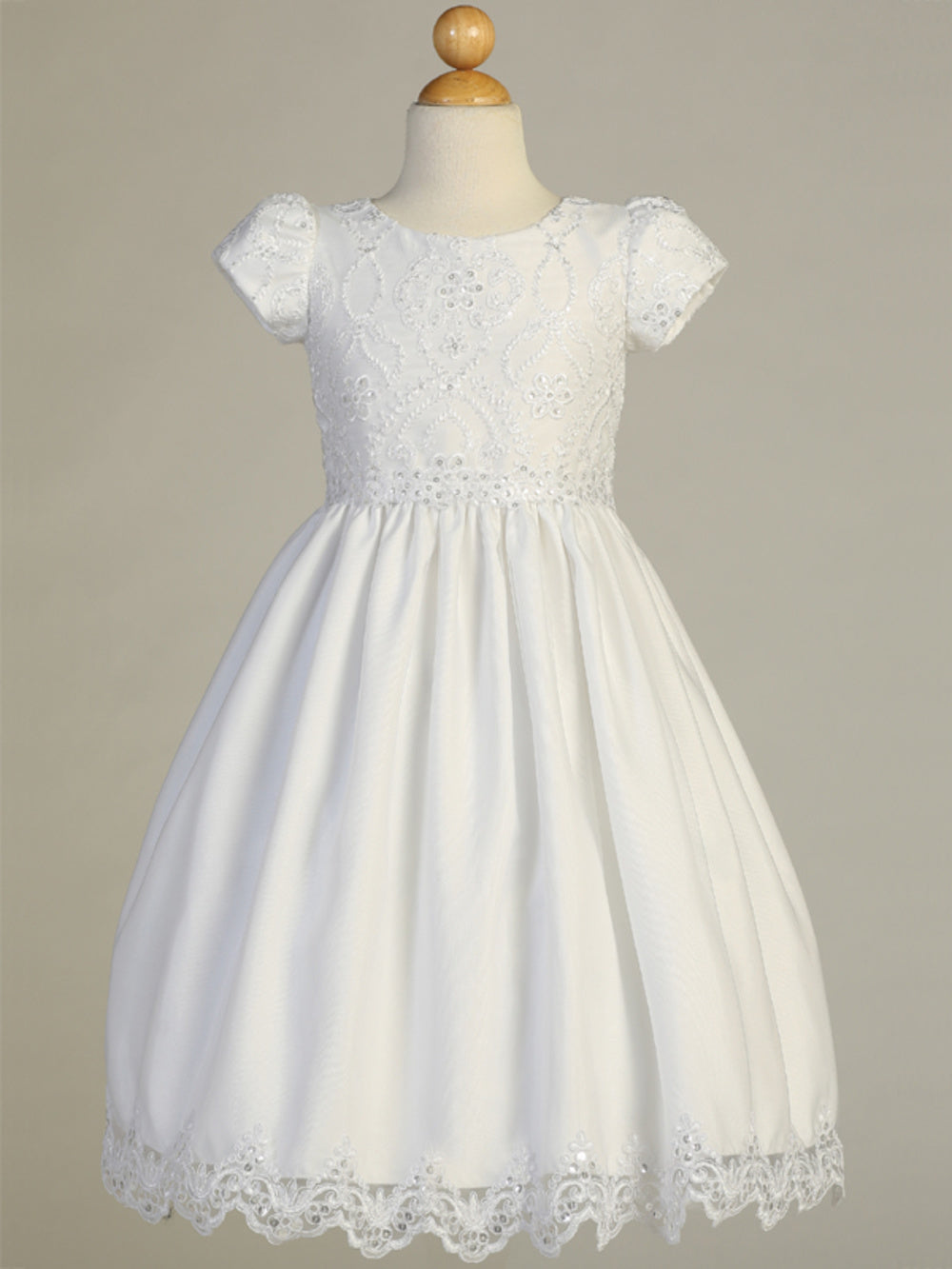 SP167 White First Communion Dress Embroidered lace with sequins on tulle