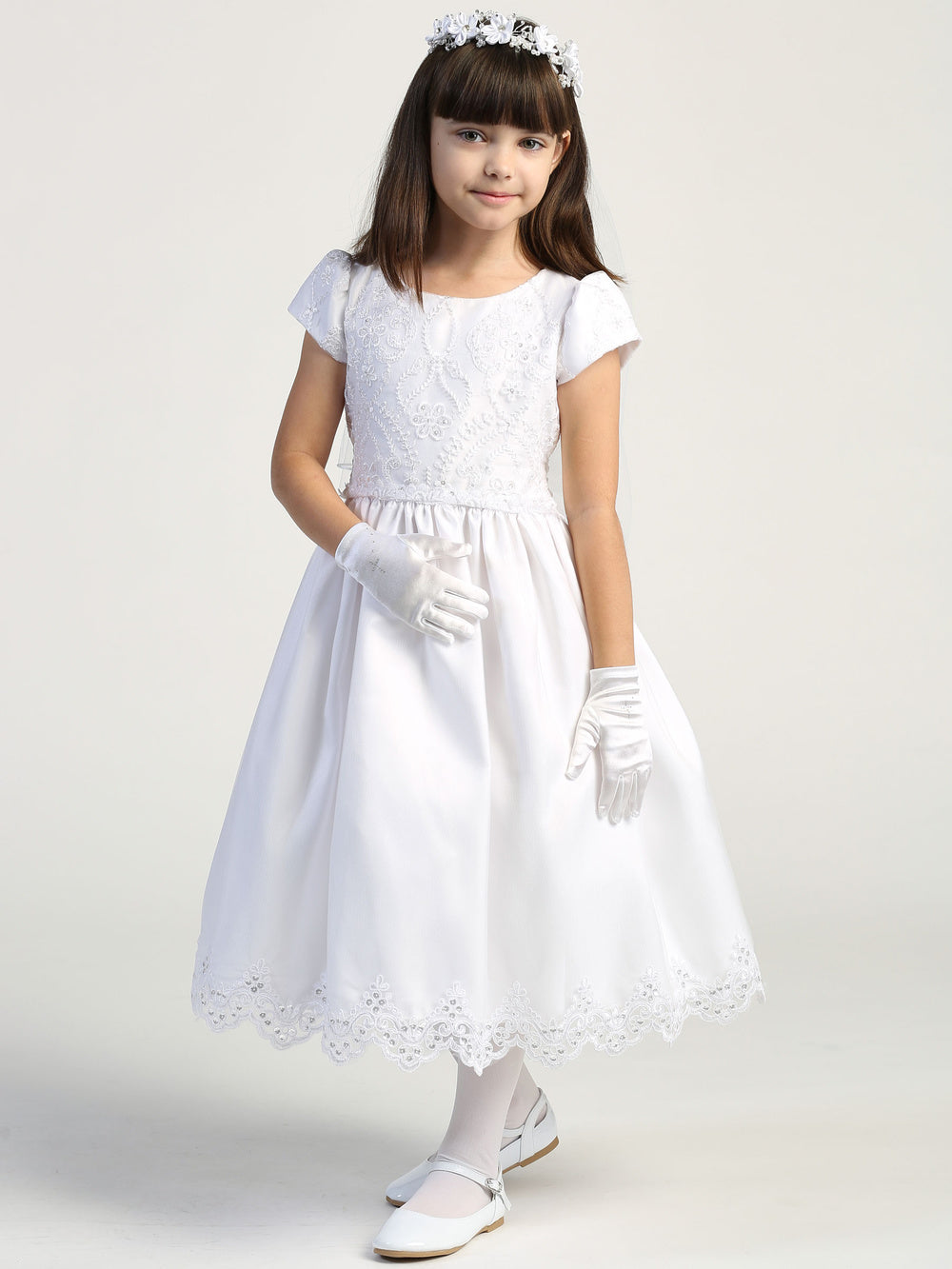 SP167 White First Communion Dress Embroidered lace with sequins on tulle