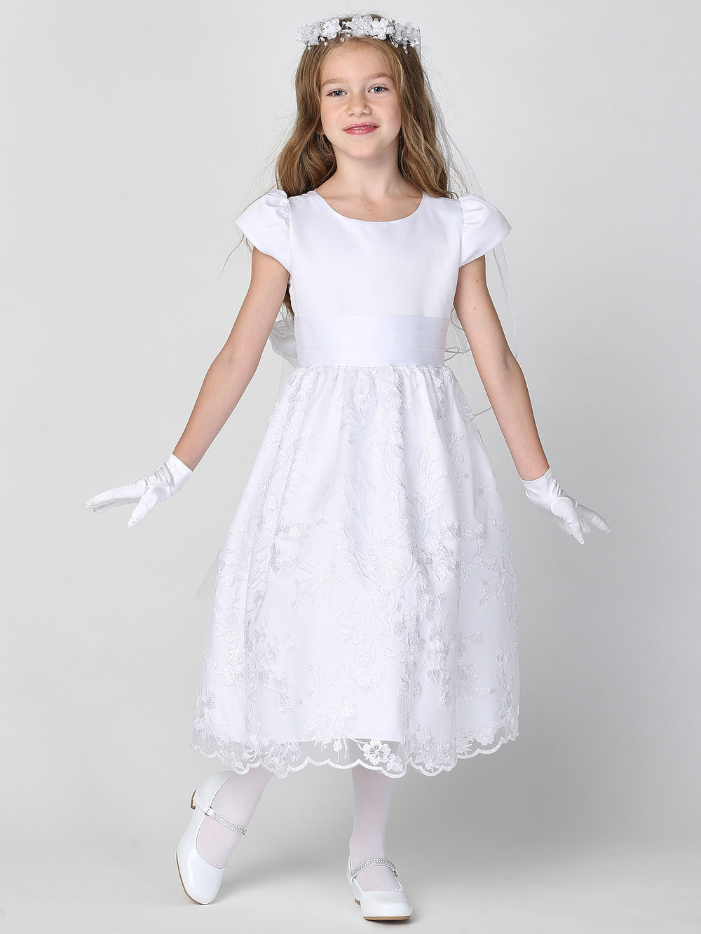 SP186 White First Communion Dress Satin &amp; Embroidered tulle with sequins
