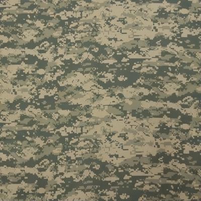A camouflage fabric features a digital pattern with varying shades of green and beige creating an abstract  textured appearance commonly used in military uniforms and outdoor gear.