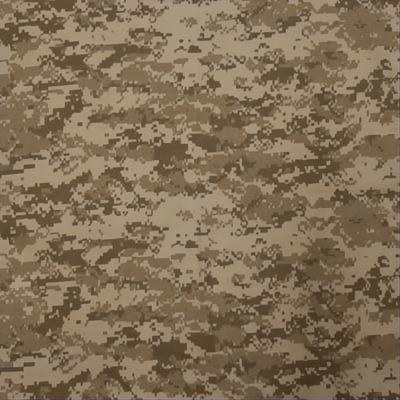 A textured fabric displays a digital camouflage pattern in varying shades of brown and tan creating a uniform surface designed for military or outdoor use.