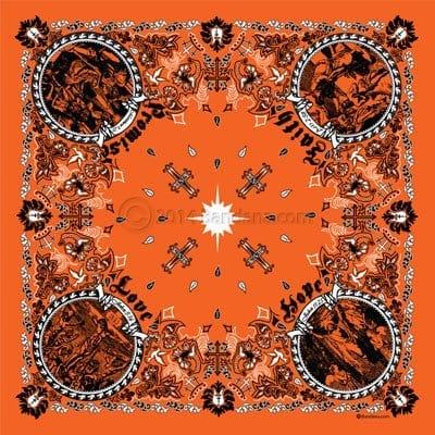 A vibrant orange bandana features intricate black designs with images of figures in circular frames surrounded by patterns of flowers and crosses conveying themes of strength love and hope.