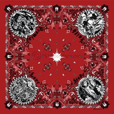 A red bandana features intricate black designs with four circular illustrations at each corner depicting figures and symbols surrounded by floral and geometric patterns creating a symmetrical artwork.