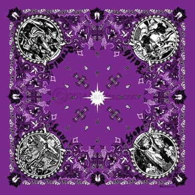 A purple bandana features intricate black designs with circular images in each corner depicting various figures surrounded by floral and cross motifs creating a symmetrical pattern.