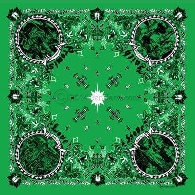 A green bandana features intricate black designs with two circular motifs depicting figures surrounded by floral patterns and symbols including crosses radiating from a central star.