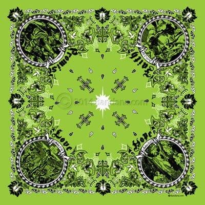 A green bandana features intricate black and white designs with circular illustrations surrounded by floral patterns. The text reads "Hope " "Love " "Faith " and "Spirit" in each circular section.