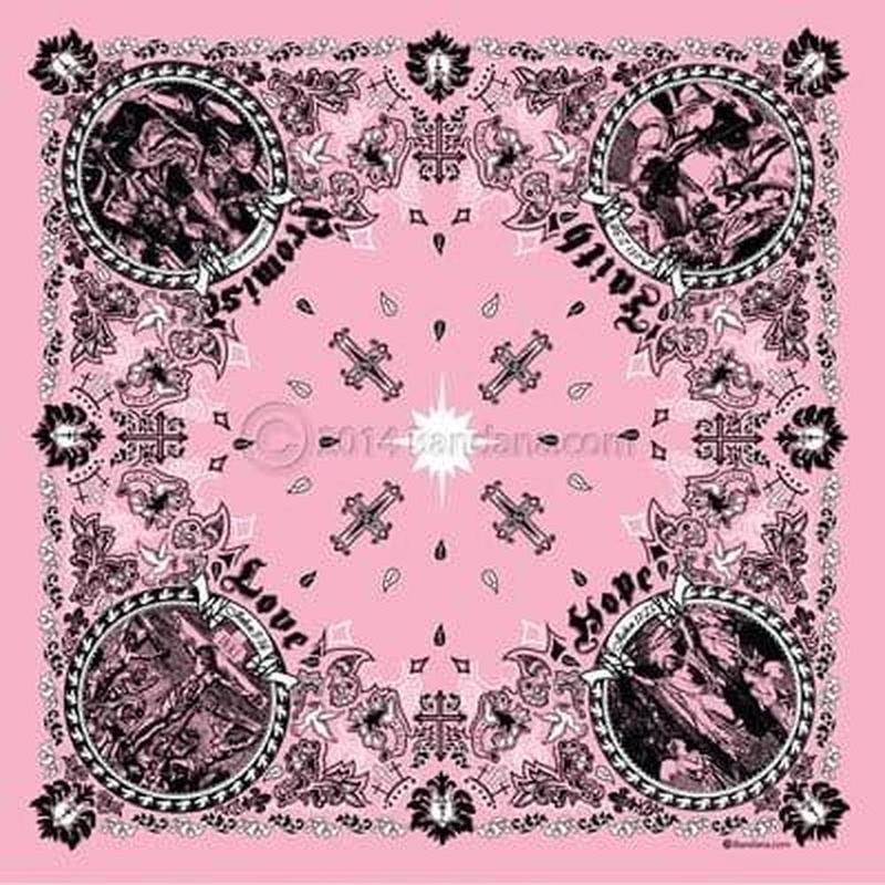 A pink bandana features intricate black designs including four circular illustrations and floral patterns with text saying "Love" and "Hope" at the top and bottom respectively.