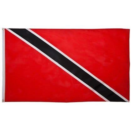 A rectangular flag primarily red with a diagonal black stripe bordered by white running from the top left to the bottom right corner  symbolizing Trinidad and Tobago.