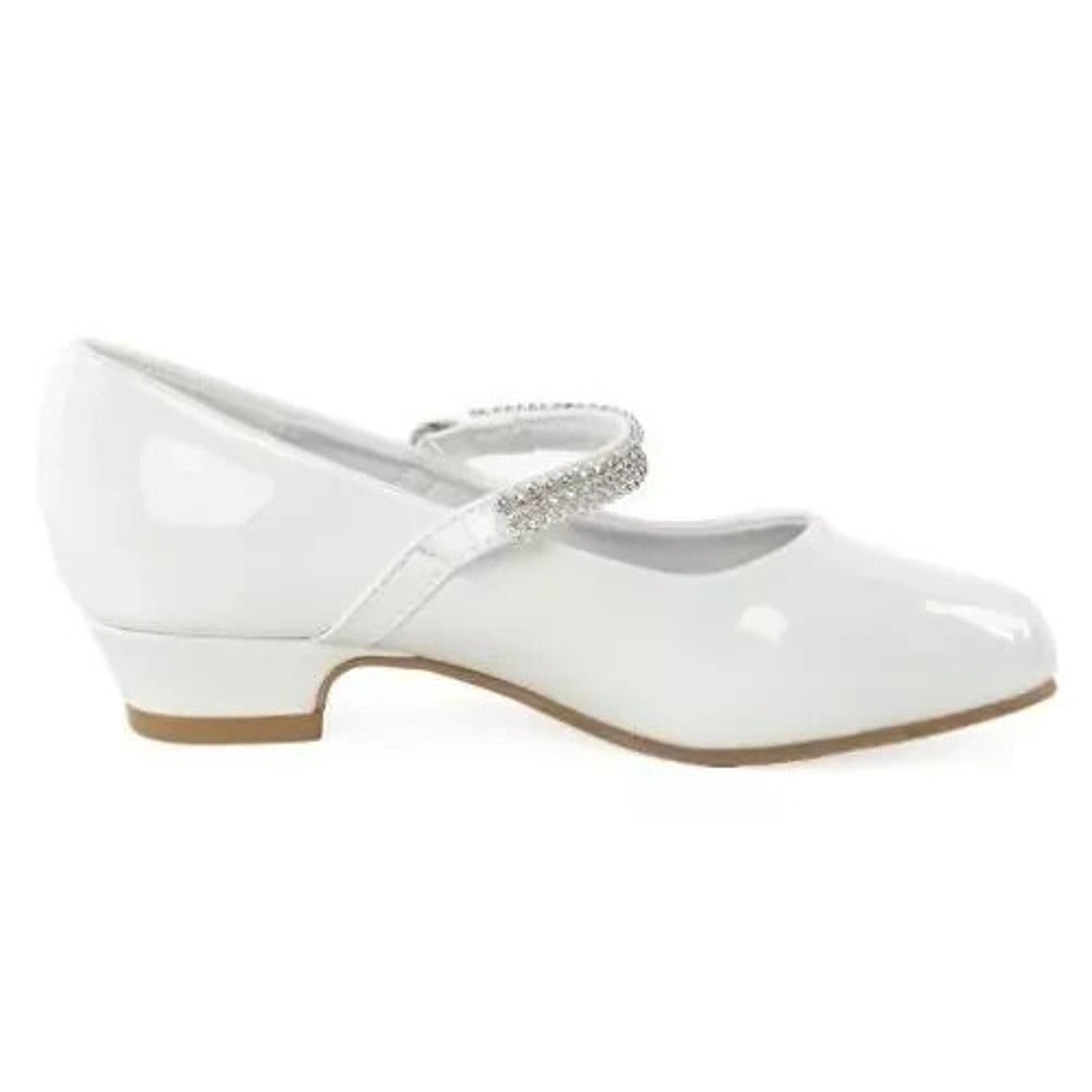 NEW Girl's Communion Dress Shoe - White/Patent 1" Heel Rhinestone Strap - Size 5