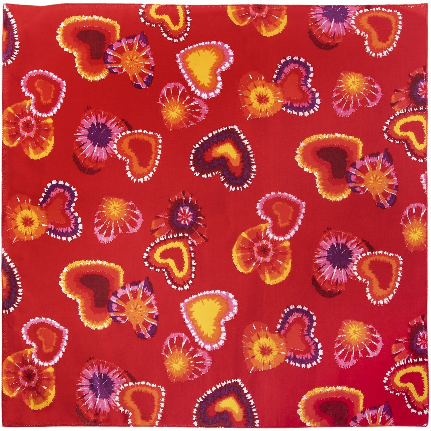 A square red fabric features a pattern of colorful floral shapes and hearts in various sizes and arrangements  creating a vibrant and playful design suitable for decorative purposes.