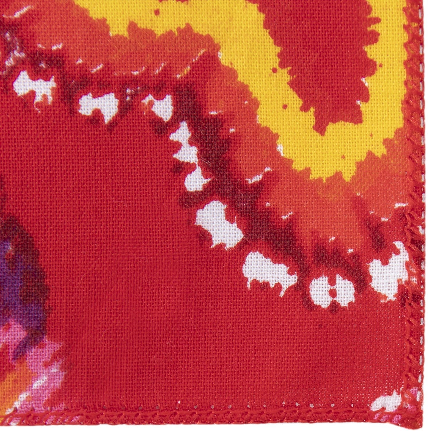 A vibrant red fabric features swirling patterns in yellow and white suggesting movement or flow with irregular edges and a stitched border indicating it is likely a piece of textile art or design.