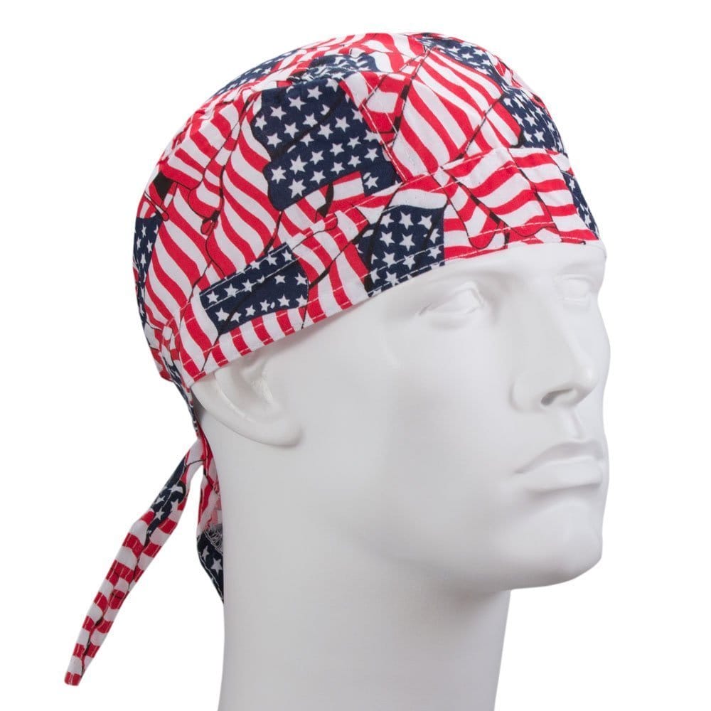 A red and white bandana featuring a pattern of American flags is displayed on a white mannequin head  showcasing a patriotic design popular among various individuals.