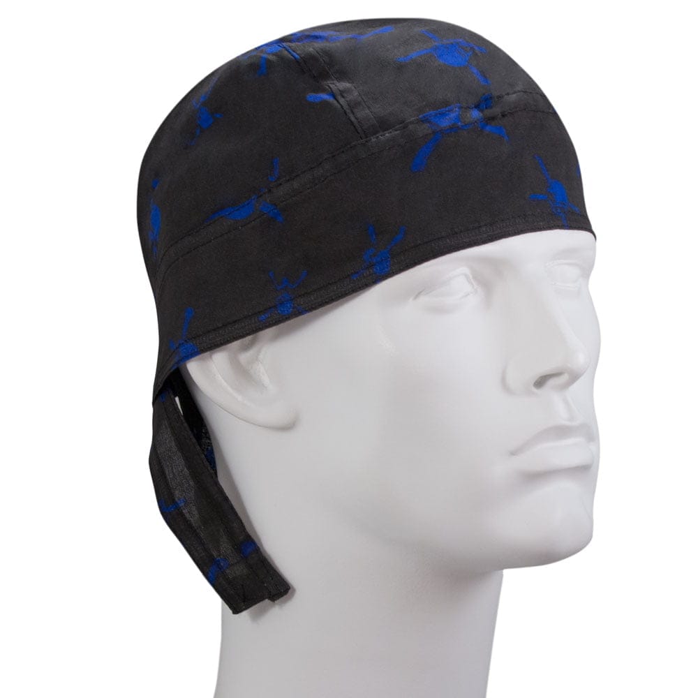 Tossed Blue Skulls and Crossbones on Black Doo Rag - 600pcs/Case