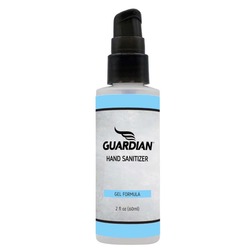 A small bottle of hand sanitizer with a pump dispenser is shown. It dispenses gel sanitizer and features a label that states "GUARDIAN HAND SANITIZER GEL FORMULA 2 fl oz (60ml)" against a light background.