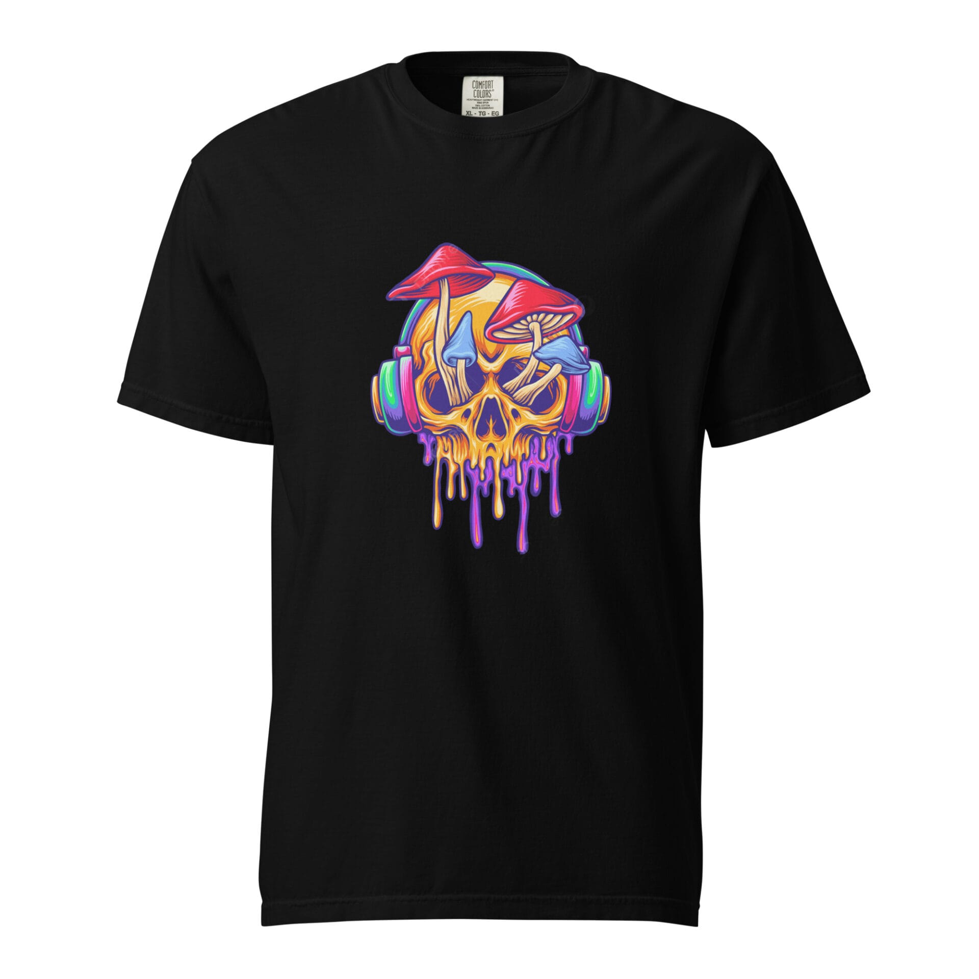 A black t-shirt features a colorful graphic design of a dripping skull wearing headphones with red and blue mushrooms on top set against a vibrant background.