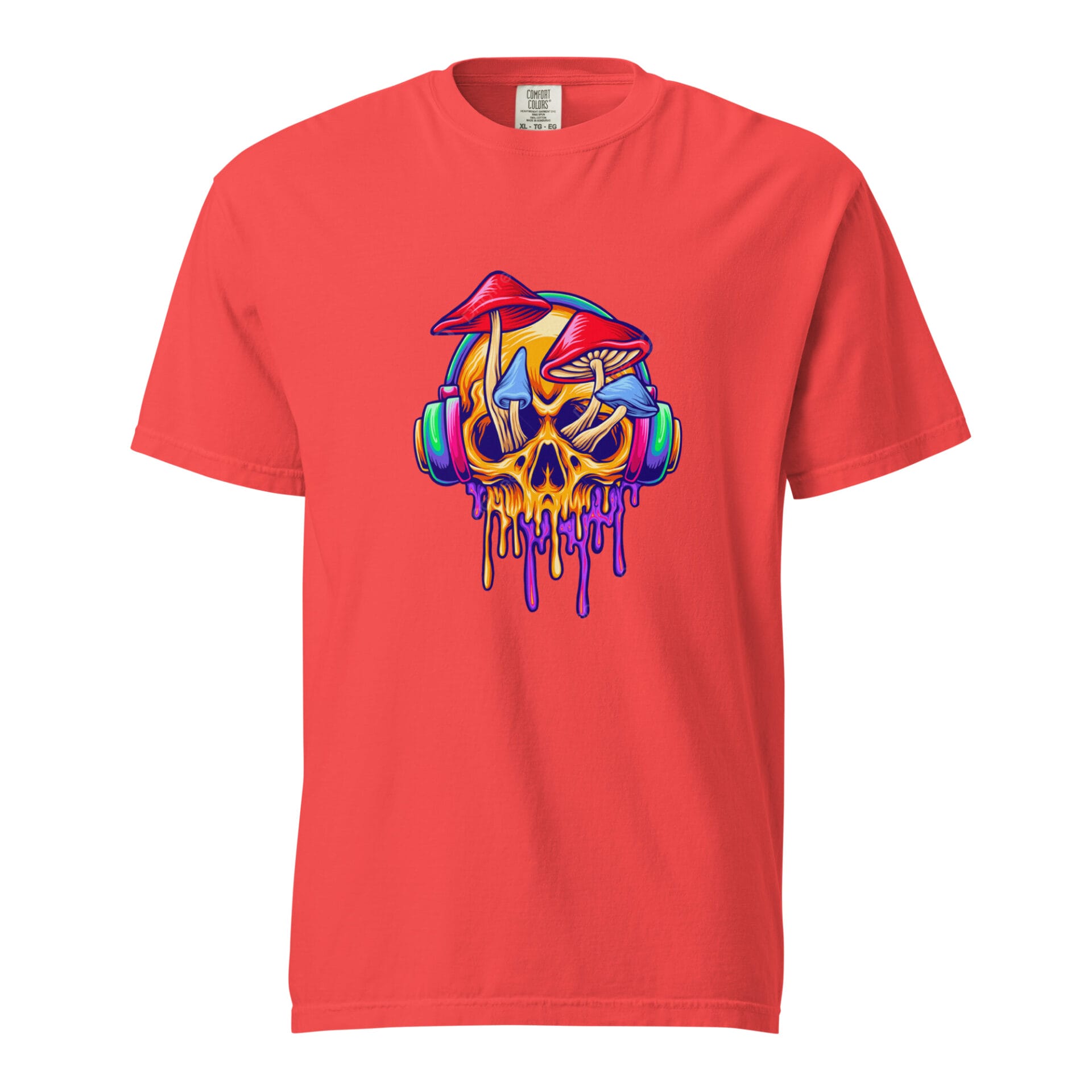 A bright red t-shirt features a graphic design of a colorful skull with mushrooms and headphones dripping in vibrant colors  creating a bold and artistic statement.