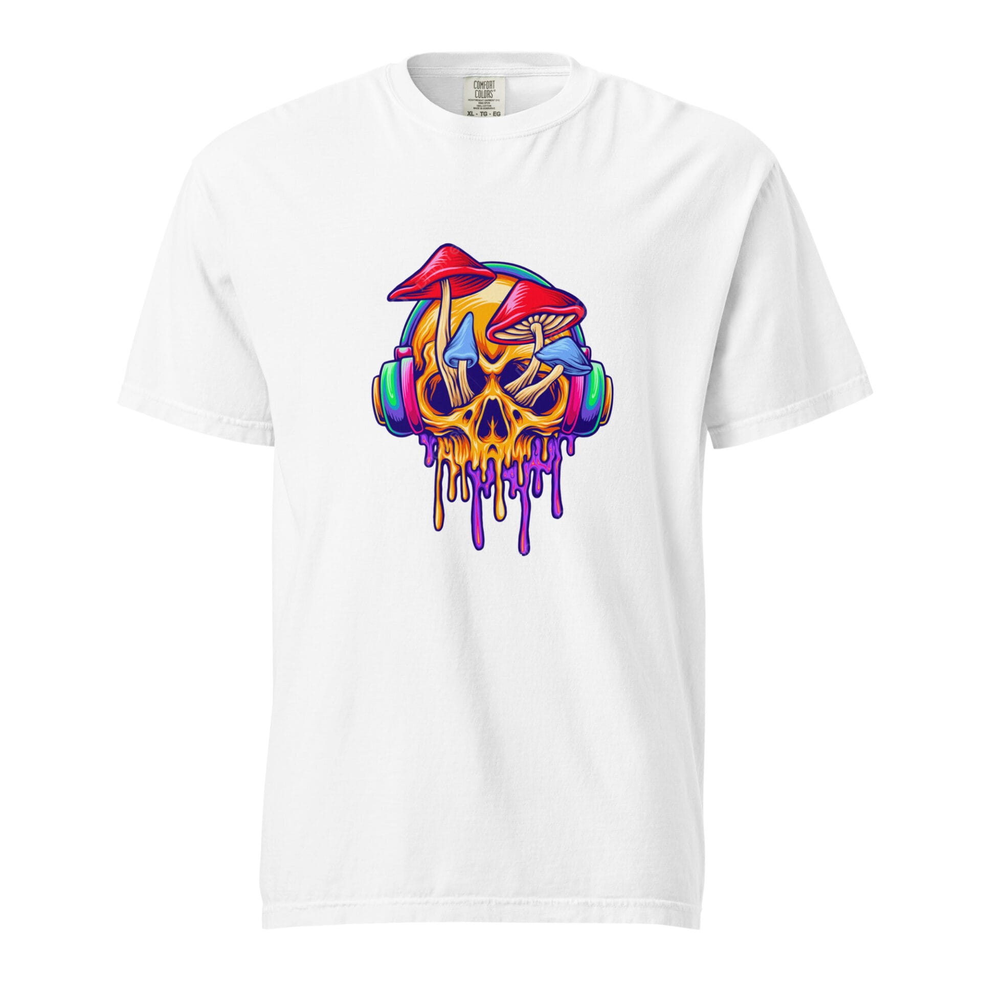A white t-shirt features a colorful graphic of a skull wearing headphones with mushrooms above it and vibrant drips at the bottom  creating a lively and artistic design.