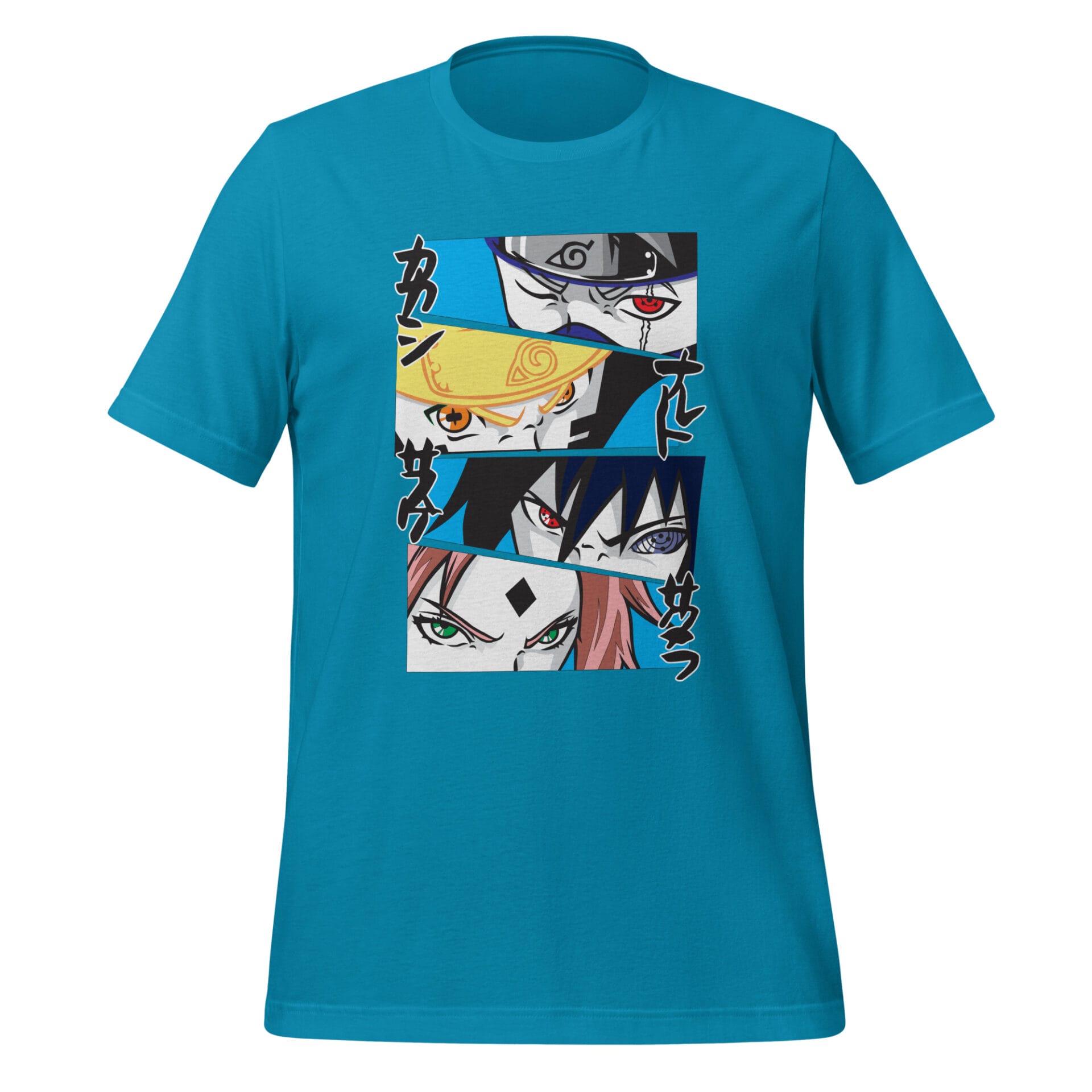 A turquoise t-shirt features a graphic of four characters' faces from an anime with intense expressions framed in four sections displaying a vibrant design.