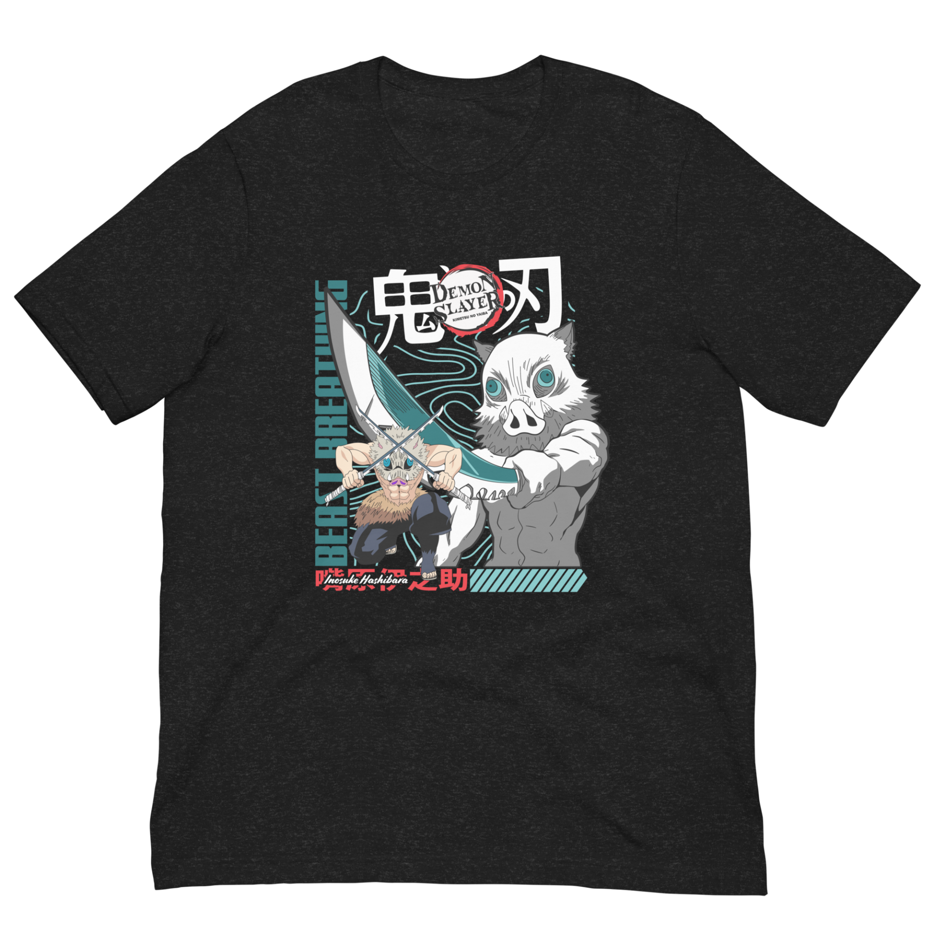 A black t-shirt features a graphic design of two characters from a series. One wields a sword  while the other has an animal mask. Text includes "DEMON SLAYER" and "BEAST BREATHING."