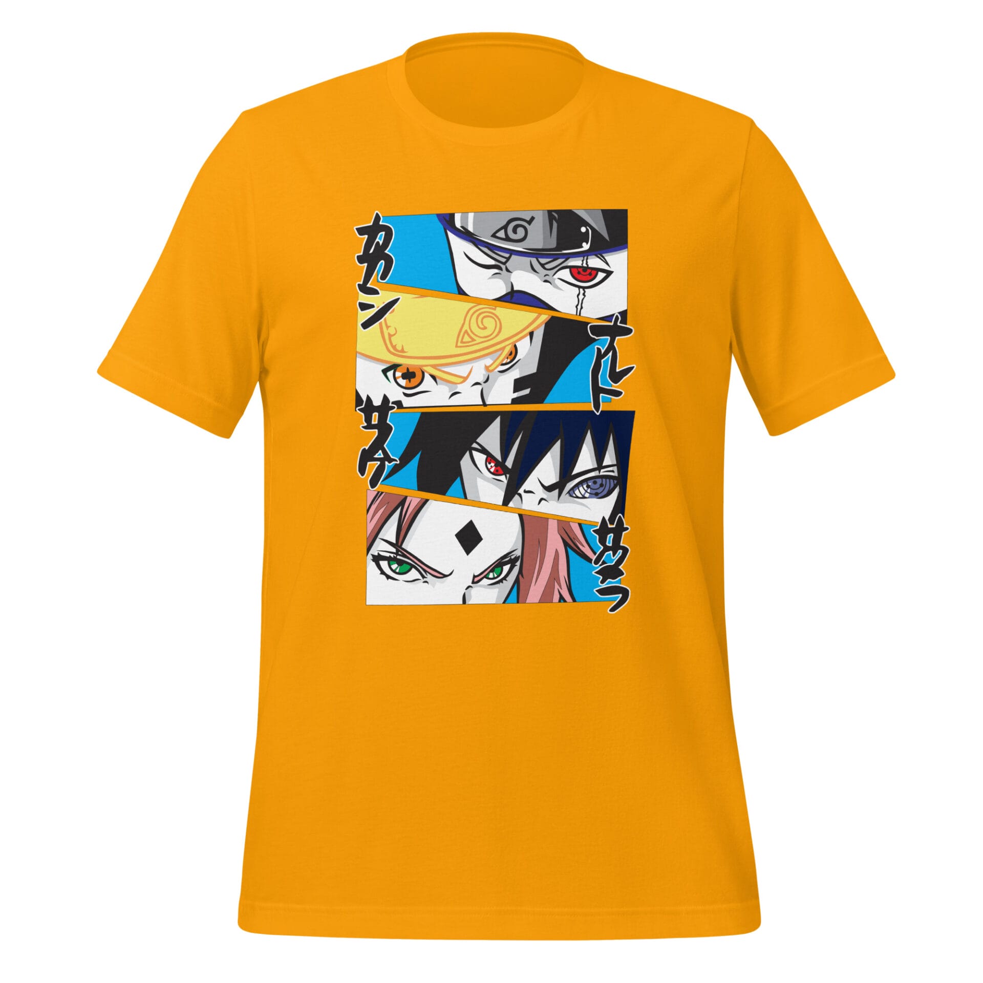 A yellow t-shirt features a graphic design with four stylized characters' faces arranged in stacked rectangles showcasing intense expressions against a blue background with Japanese text.