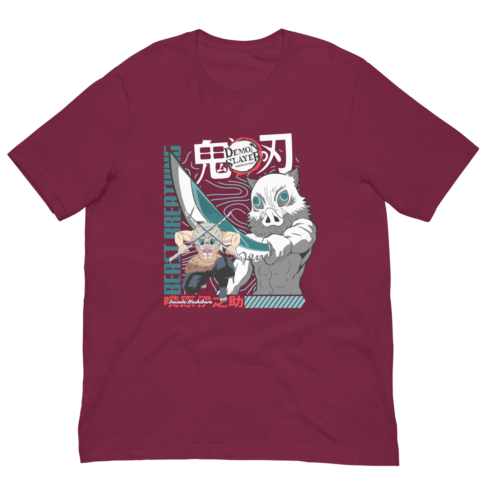 A maroon t-shirt features an illustration of two characters holding a sword with fierce expressions in an anime style. Text includes "DEMON SLAYER" and "BEAST BREATHING" alongside stylized graphics.